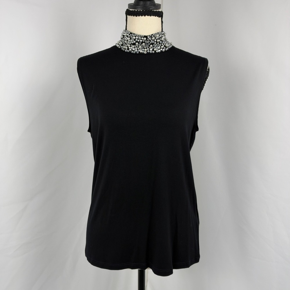 L'Agence Emily Sleeveless Top Black With Pearl Rhinestone Collar Women Large